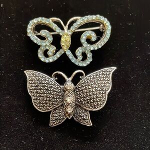 Vintage Butterfly Rhinestone and Silver tone Brooches